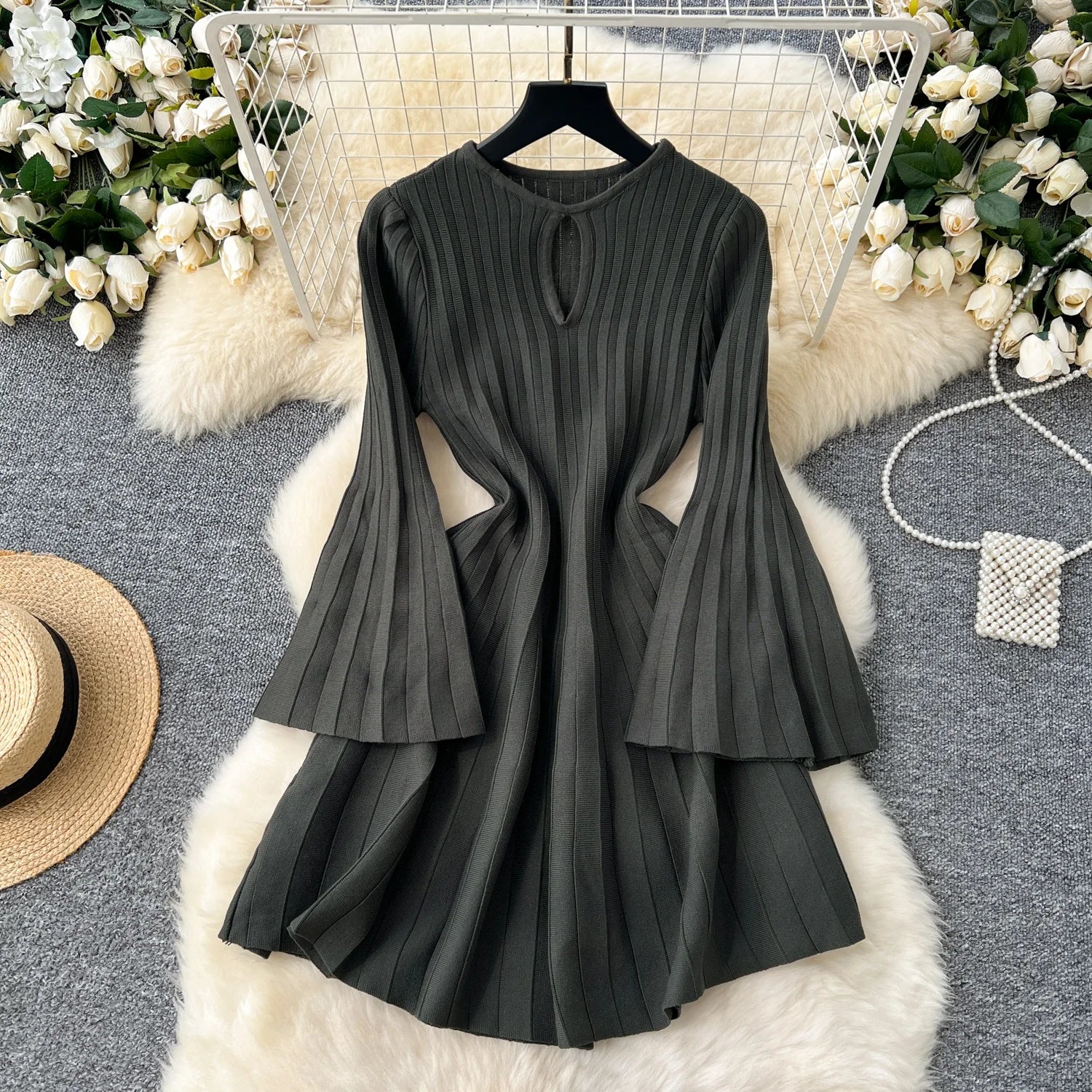 Ele Knitted Dr Hollow out round Ne Bell Sve A-Line Sweater Dr High Waist Slimming Midi Dr Autumn Faion