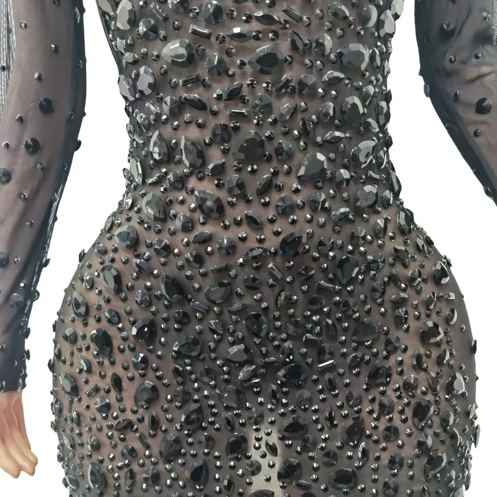 Women's Sexy Black Rhinestone Mini Dresses Evening Birthday Party Celebrate Prom Gown Crystal Short Dress Singer Dress Cuixing