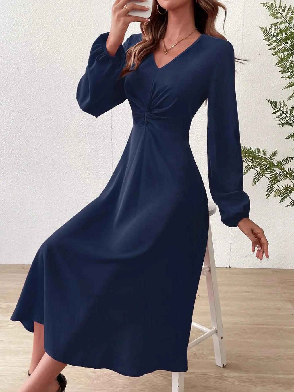 Evening Dresses with V Neck Lantern Long Sleeve Twisted edge Knot Detail at Waist Midi Dress Woman 2025 New Arrival