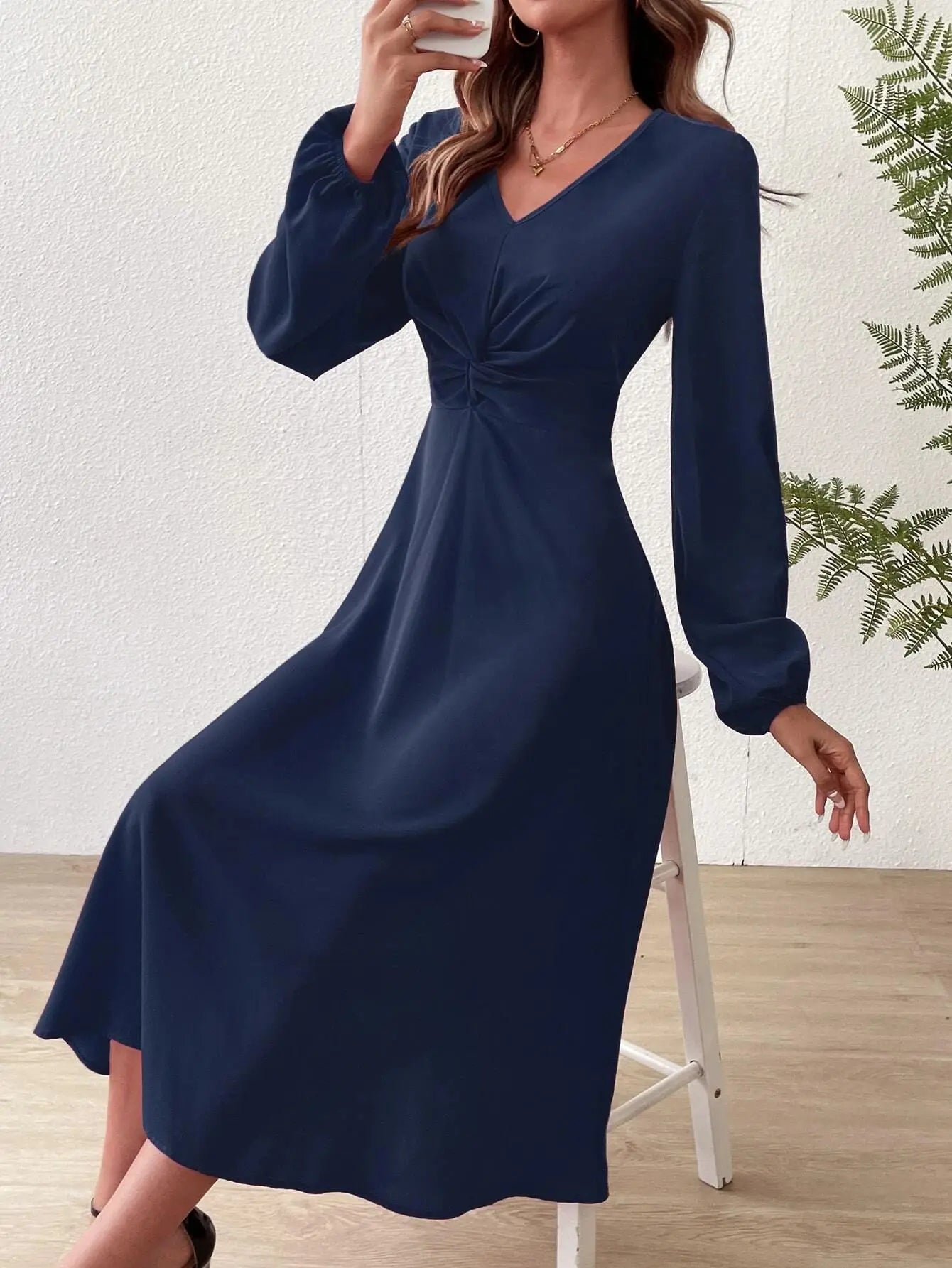 Evening Dresses with V Neck Lantern Long Sleeve Twisted edge Knot Detail at Waist Midi Dress Woman 2025 New Arrival