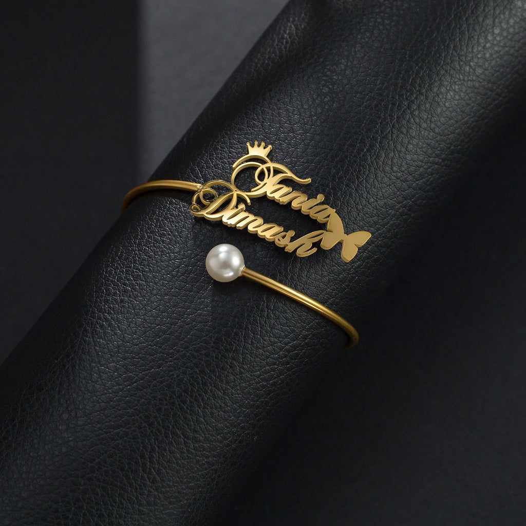 Acheerup Personalized Name Open Size Bangle for Women Men Stainless Steel Custom Butterfly Heart Bracelet Couple Jewelry Gift