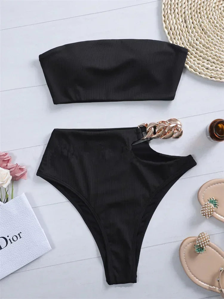 Bandeau Bikini 2025 Women Sexy White Black Cut Out Metal High Waist Swimsuit Female Off Shoulder Bathing Suit Swimwear Beachwear