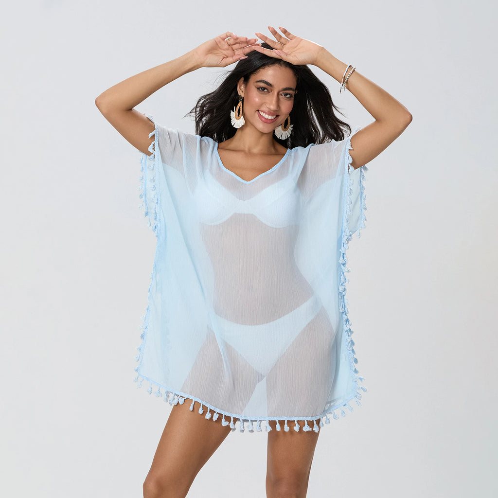 Tassel Trim Bikini Cover Up Beach Dress Women See-Through Beachwear Swimsuit Summer Mini Dress Cover-ups Sunscreen Dress