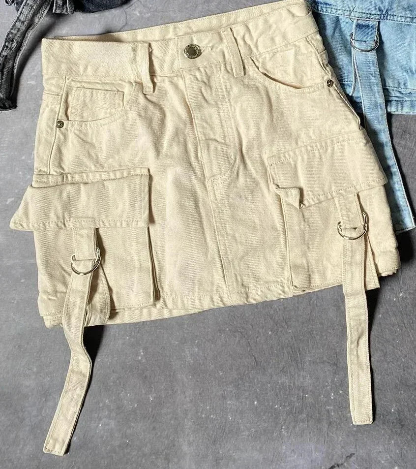 Vintage Multi-pocket Goth Skirt for Women Clothing Street Fashion Harajuku Y2k Skirt Jean Casual Summer Denim Black Skirt