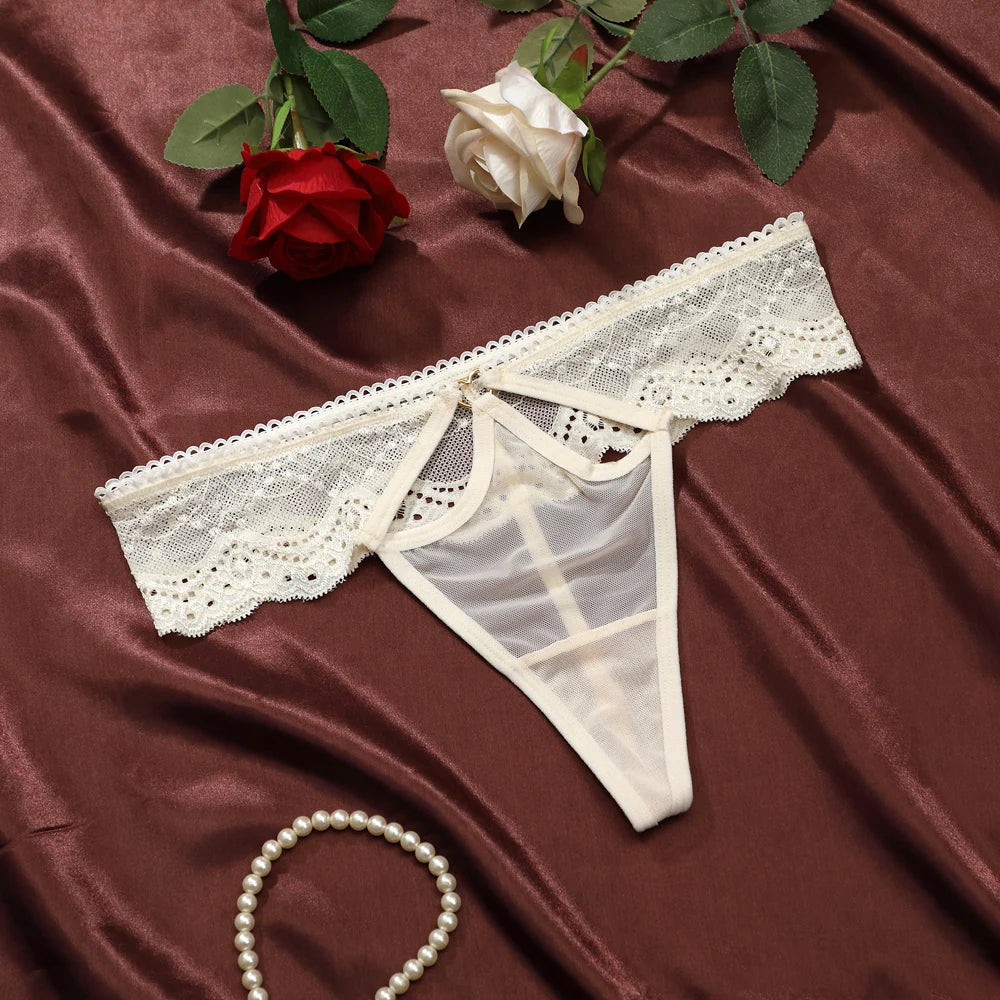 Sexy Women Flower Embroidery Open Hole Thong Transparent Lace-Trim Underwear Low Waist Perspective Women's Panties