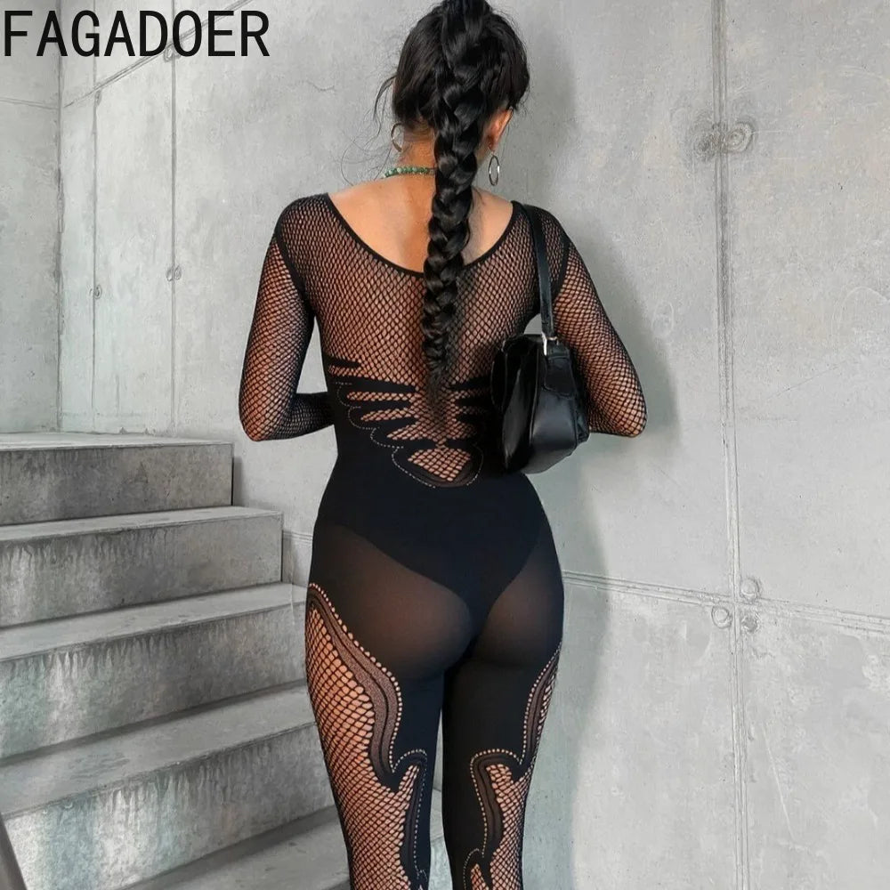 FAGADOER Y2K Sexy Quality Lace Bodycon Jumpsuit Women Long Sleeves Hollow Out See Through Romper Female Streetwear Overalls 2025