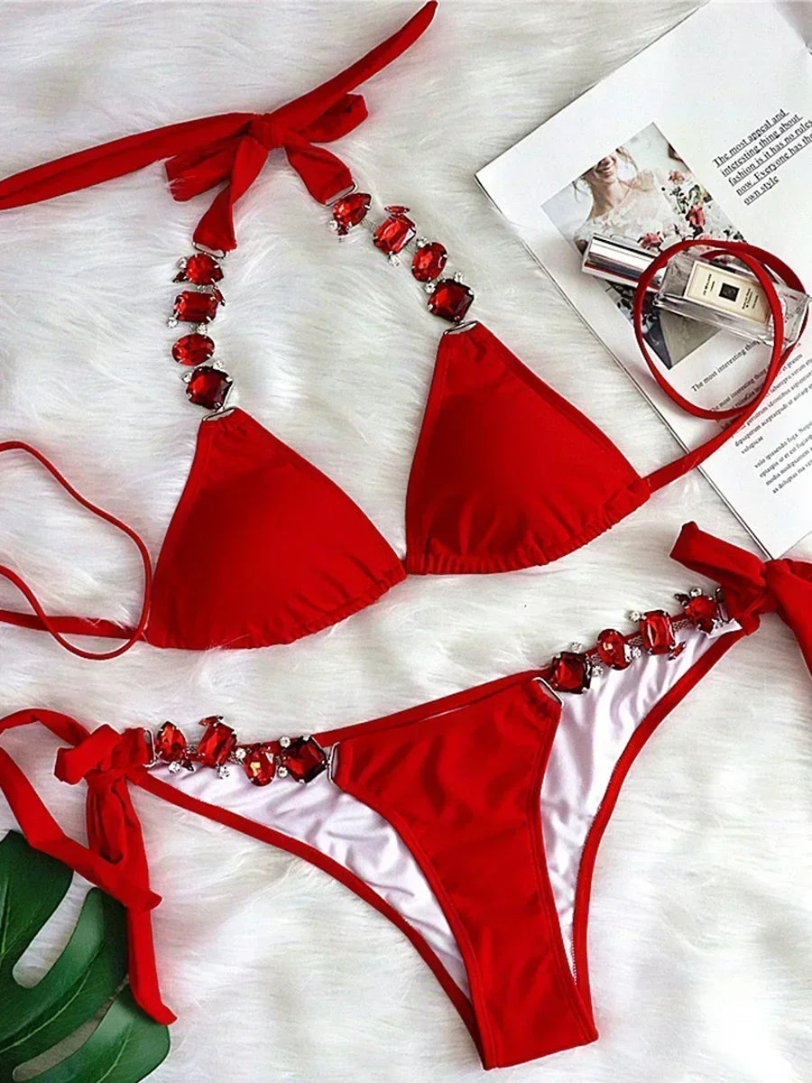 Halter Rhinestone Diamond Bikini Women Swimsuit Female Bikinis Metal Chain Swimwear Two Pieces Bikini Set Bathing Suit Swim Lady