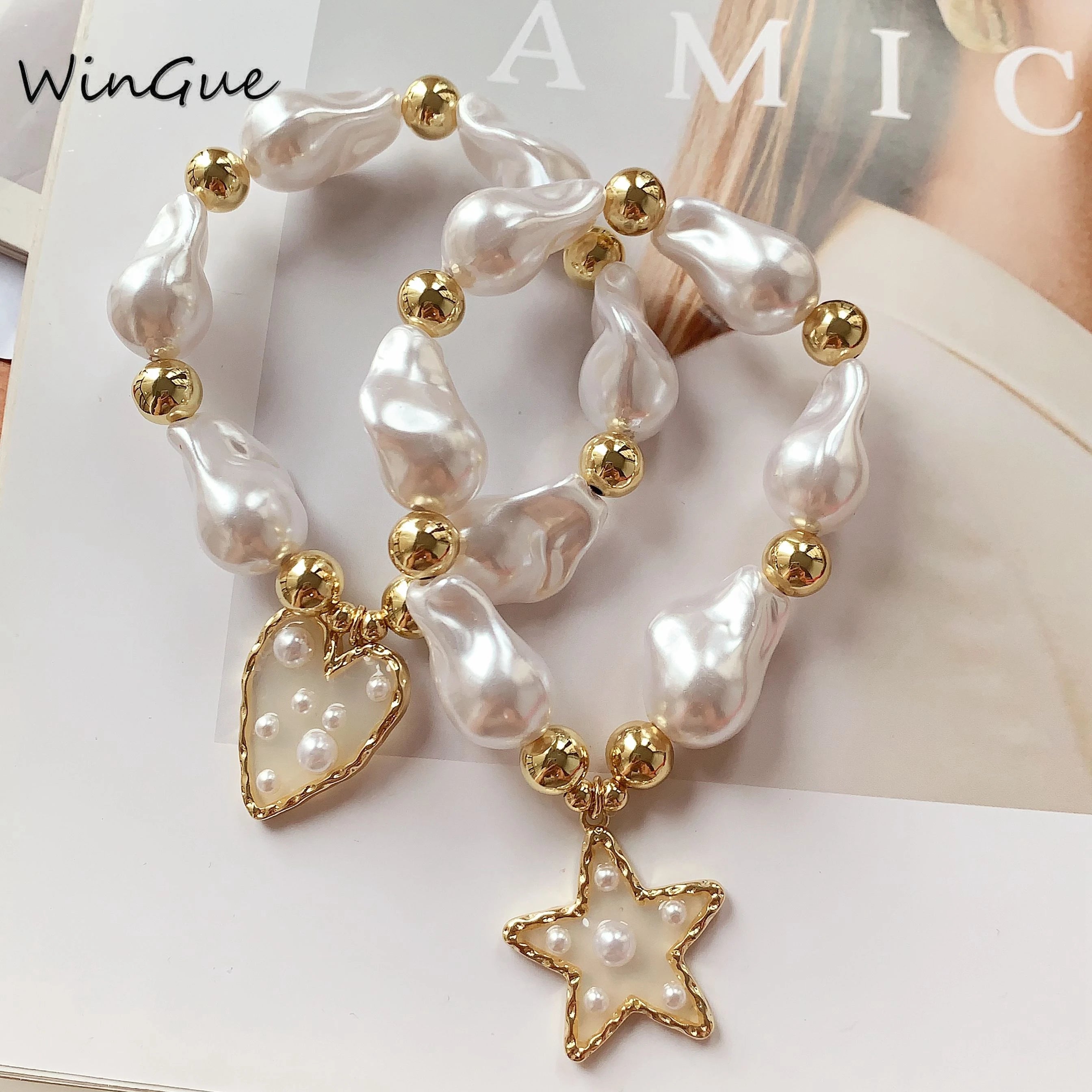 1 Pcs Baroque Imitation Pearl Bead Bracelet Women's Jewelry 18K Gold Plated Elastic Bracelet