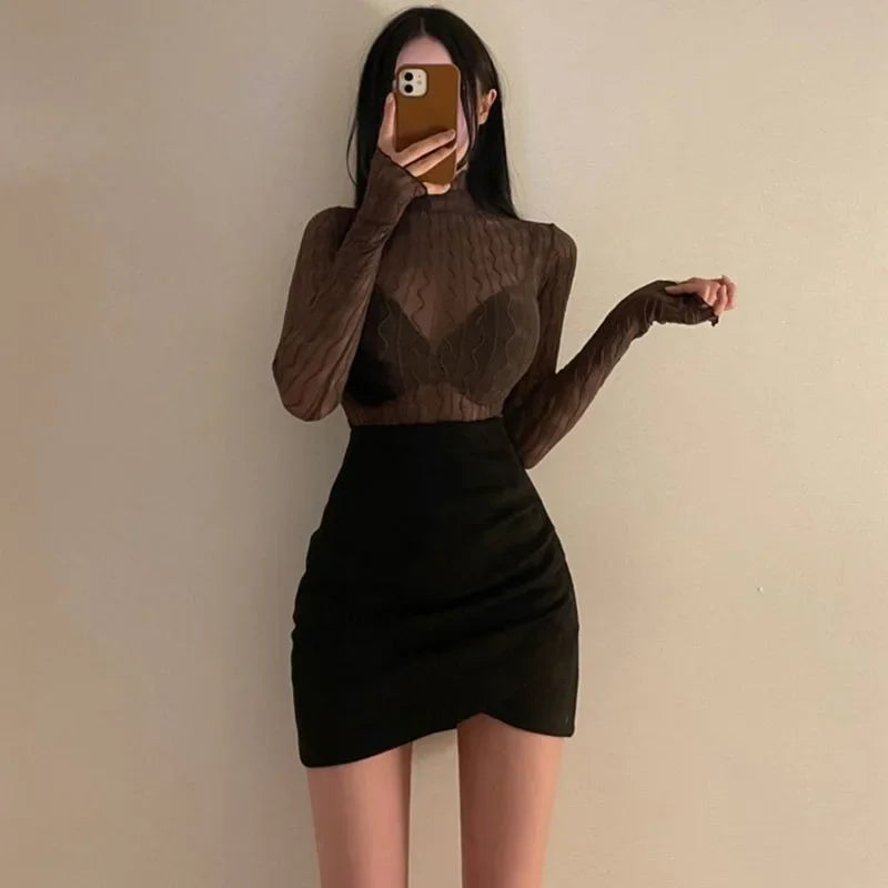 Women's Suede Mini Skirt High Waist Tight Fit Elastic Asymmetrical Short Skirts Autumn Winter New Style Bodycon Skirts
