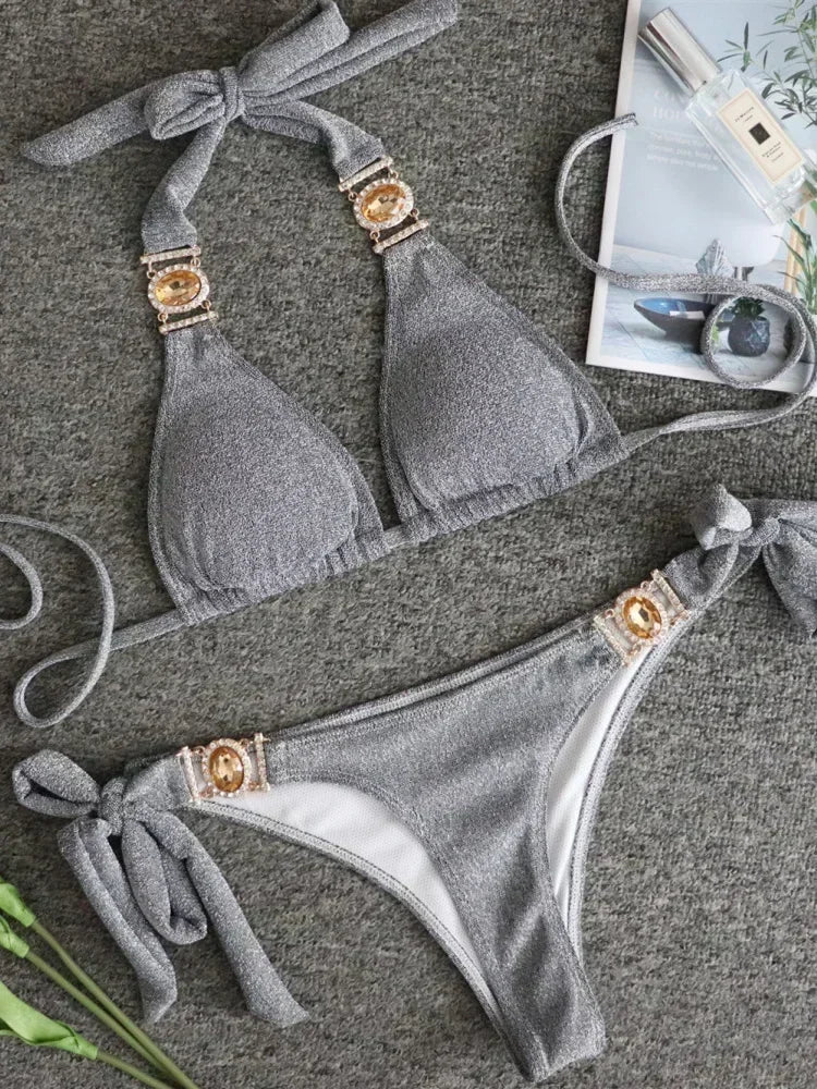 Halter Rhinestone Diamond Bikini Women Swimsuit Female Bikinis Metal Chain Swimwear Two Pieces Bikini Set Bathing Suit Swim Lady