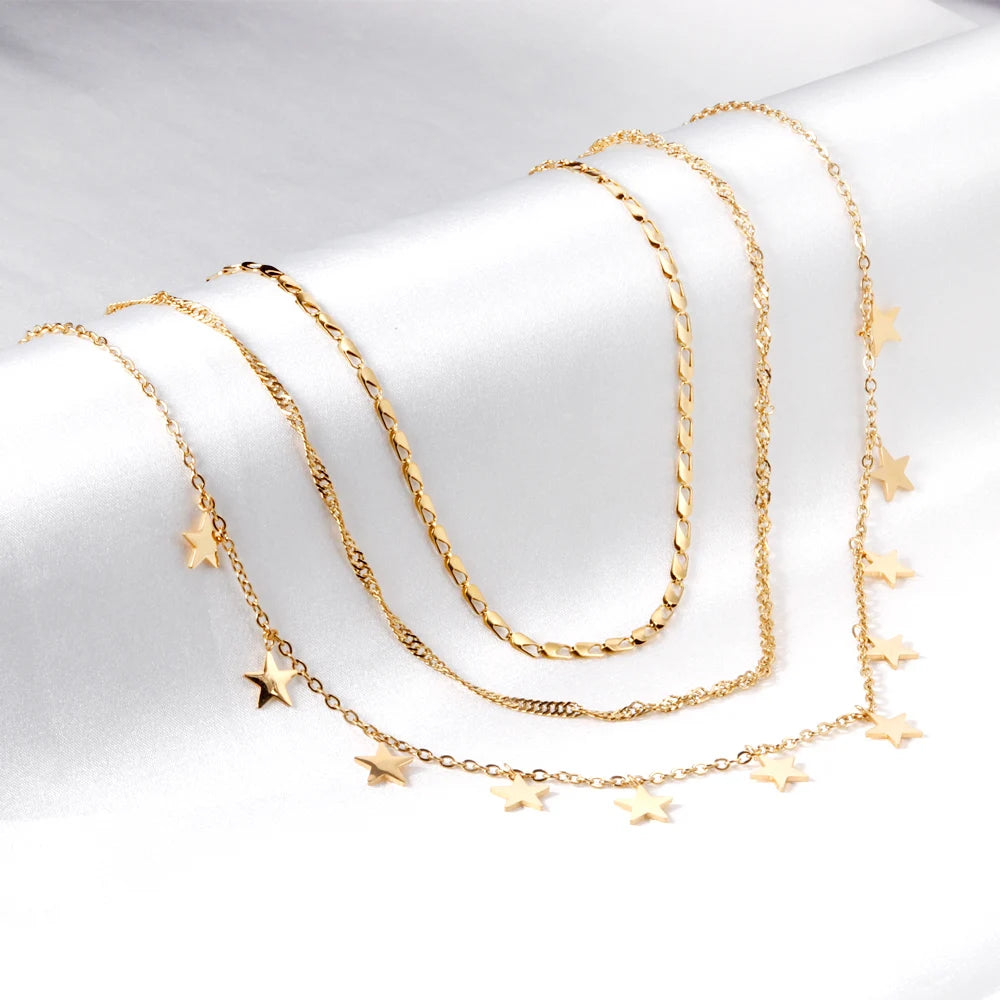 LUXUKISSKIDS Triple Chain Necklace For Women Collar Statement Necklaces Chain Bohemia Luxury Jewelry For Party Little Star Charms