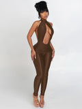 Kliou Sexy Hollow Jumpsuits Women's Halter Turtleneck Cleavage Backless Sleeveless Skinny Stretch Midnight Club Party Overalls