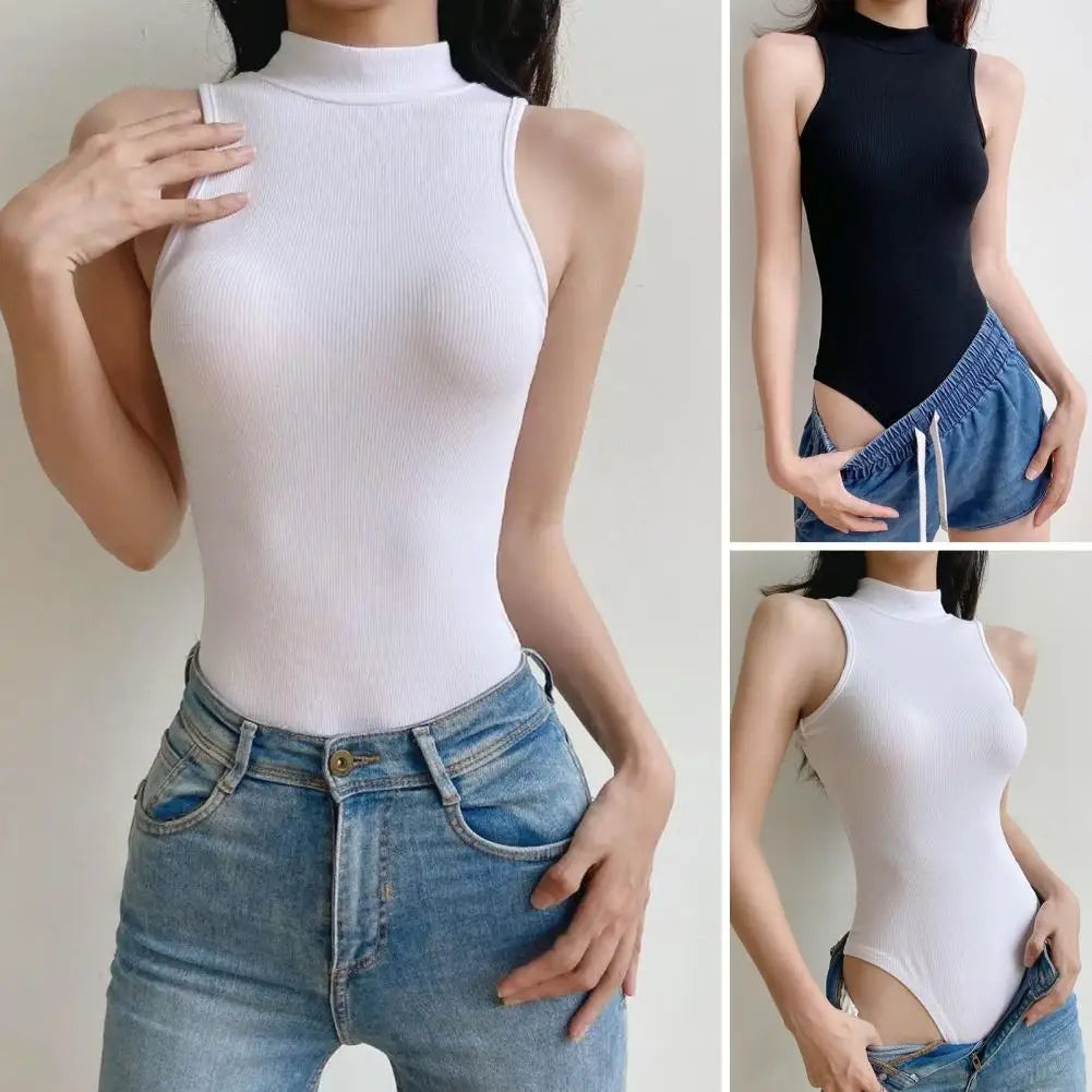 Women Bodysuit Stylish Women's Sleeveless Turtleneck Bodysuit Slim Fit Romper for Summer Solid Color One-piece Vest Shirt
