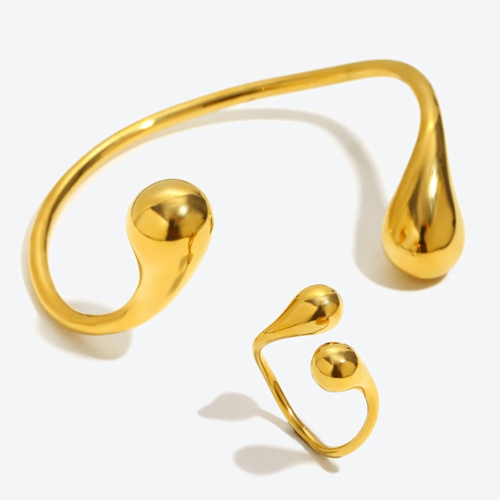 E. B. Belle Fashion Bracelet Stainless Steel Double Droplet Head Open Bracelet Ring PVD Plated Jewelry Gift