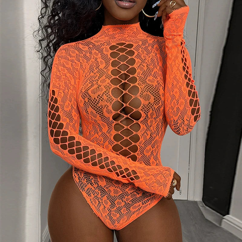 Women's Sleepwear Erotic Lingerie Nightclub Party Jumpsuit Sexy Jacquard Hollow Out Tight Bikini Long Sleeve Mesh Bodysuit 2025