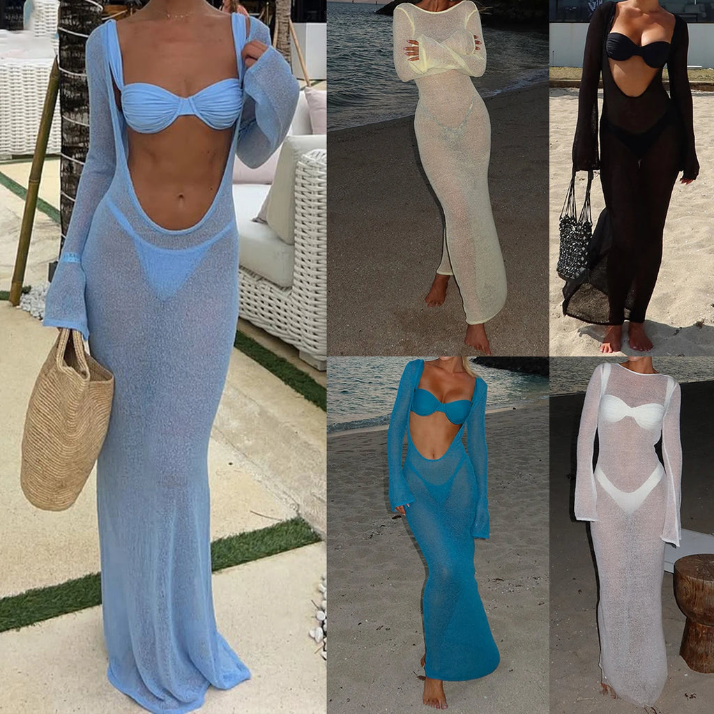 Women Vintage Summer Beach Cover Up Solid See-Through Long Sleeve Swimsuit Coverup Bathing Suit Cover Ups Bodycon Long Dresses