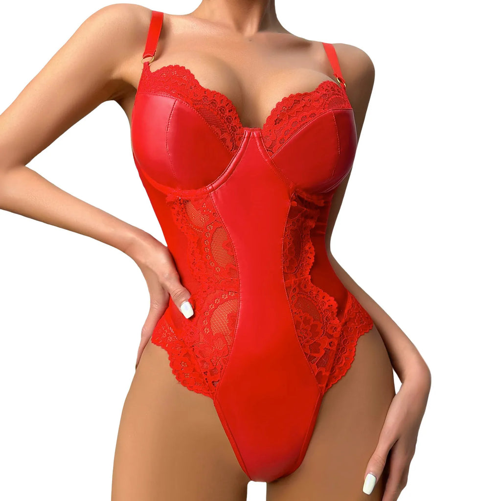 Women Fashion Sexy Lingerie Bodysuit Leather Mesh Patchwork Jumpsuit Sexy Fun Set Underwear Valentine's Day Gift Gather Lingerie