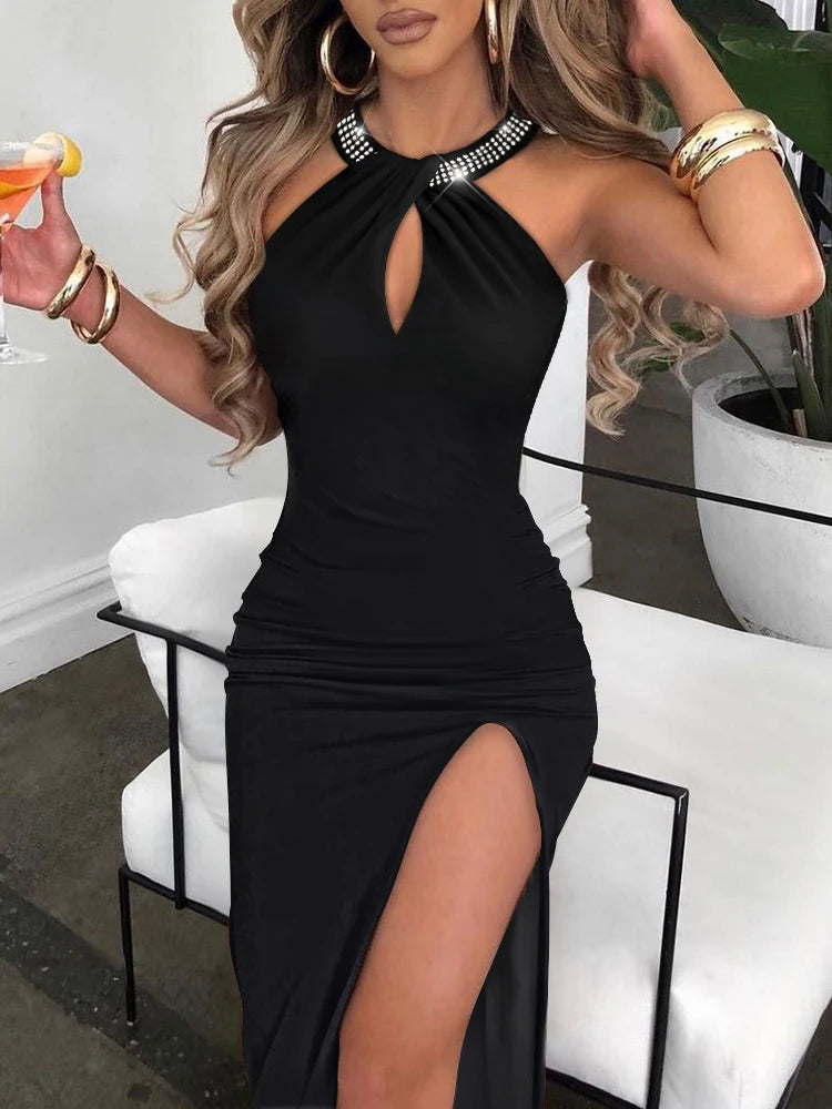 Women Elegant Spring High Split Party Dress 2025 Office Lady V Neck Slim Mid Dress Sleeveless Summer Casual Dress Vestidos