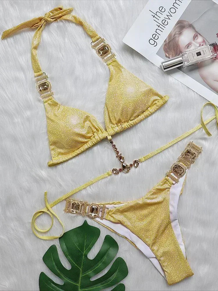 Halter Rhinestone Diamond Bikini Women Swimsuit Female Bikinis Metal Chain Swimwear Two Pieces Bikini Set Bathing Suit Swim Lady