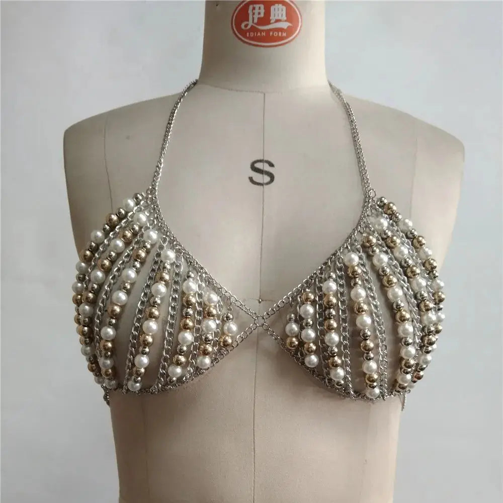 New Punk-Style Pearl Halter Top With Adjustable Bra Chain Layered Top. Niche Design Y2k Millennial Hot Girl Beaded Body Chain