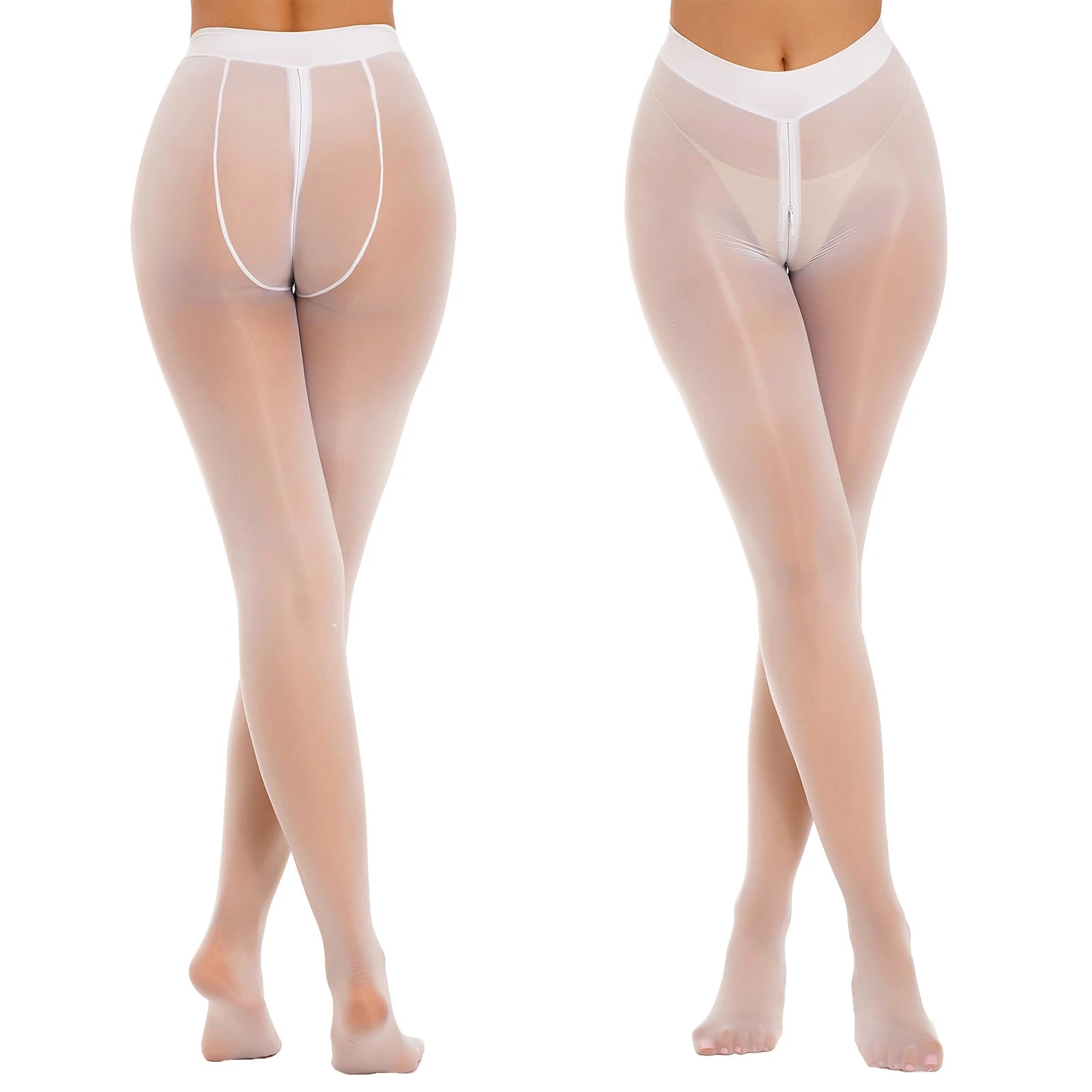 Women's Sexy Glossy Zipper Crotch Pantyhose Tights See-Through Sheer Solid Color Elastic Waistband Leggings with Socks Stretchy