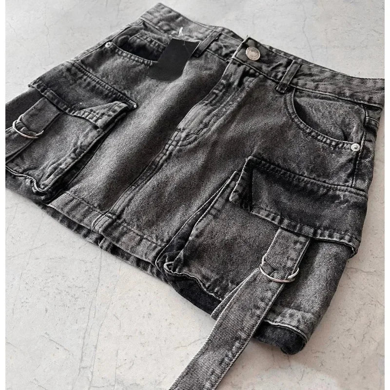 Vintage Multi-pocket Goth Skirt for Women Clothing Street Fashion Harajuku Y2k Skirt Jean Casual Summer Denim Black Skirt