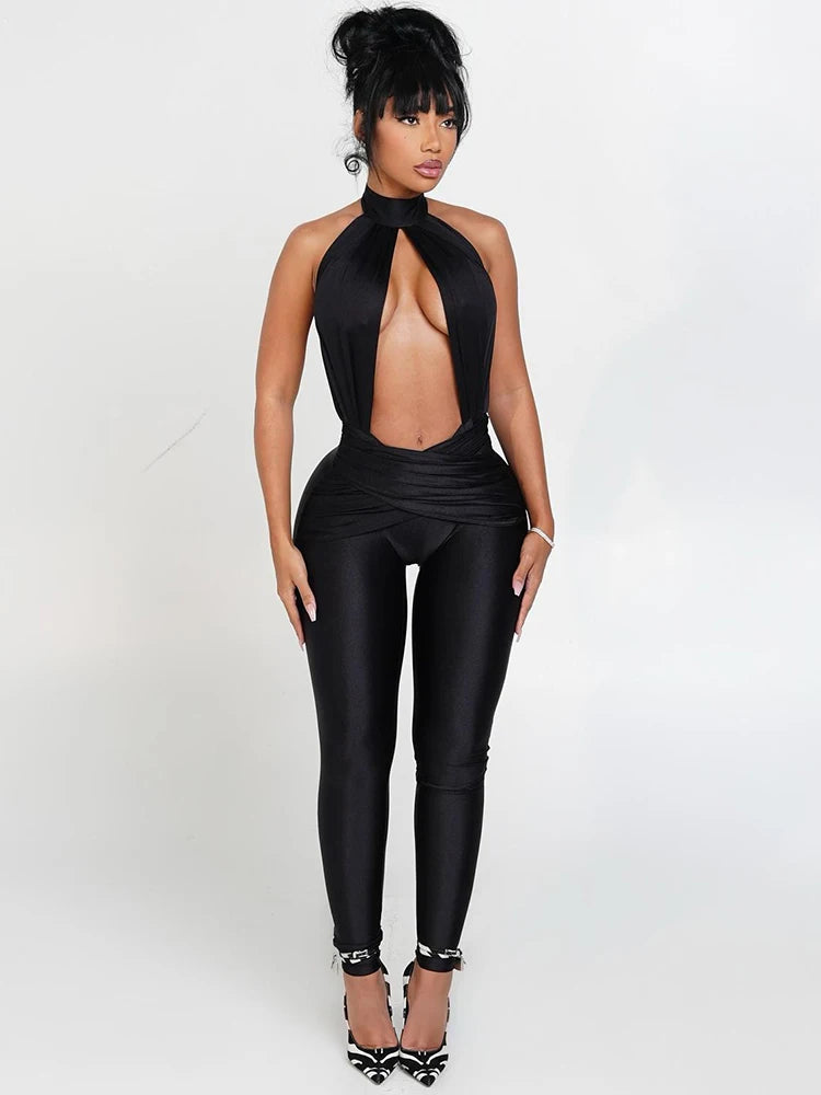 Kliou Sexy Hollow Jumpsuits Women's Halter Turtleneck Cleavage Backless Sleeveless Skinny Stretch Midnight Club Party Overalls