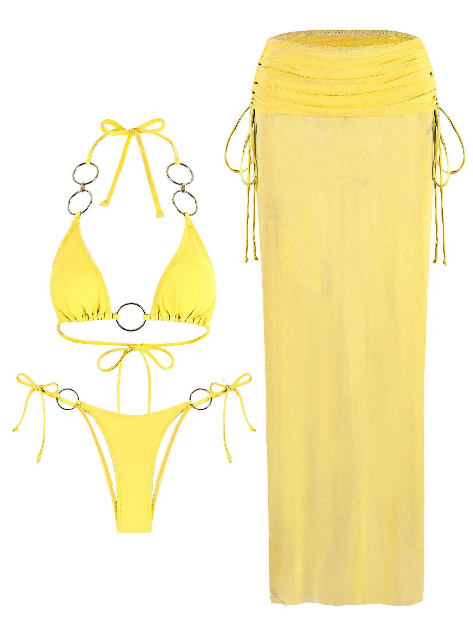 3 Piece Bikini Sets Nightclub Partywear Brazilian Swimsuit O-Ring Bathing Suit with Skirt Thong Biquini Swimwear Women K168