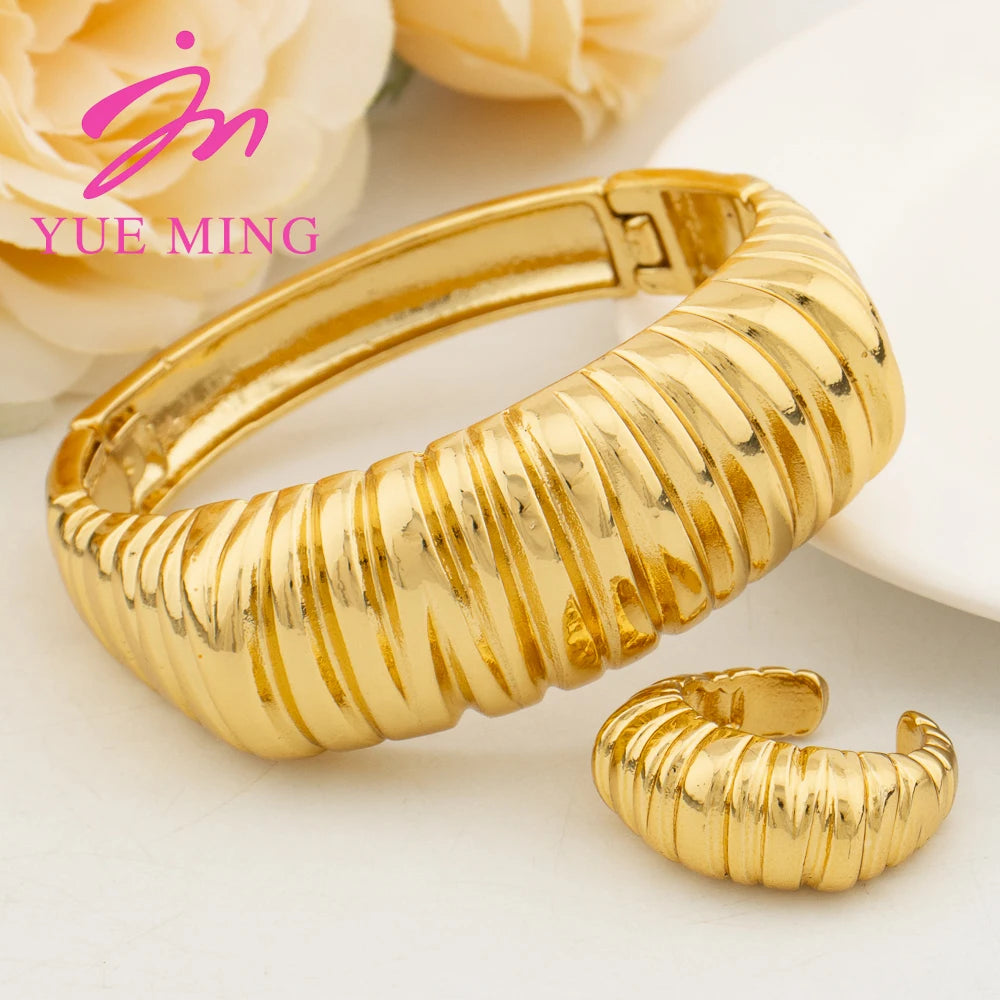 Dubai Bracelet Ring Set for Women, Luxury Gold Color Cuff Bangles, Female Luxury Jewelry Sets, Jewellery Accessory