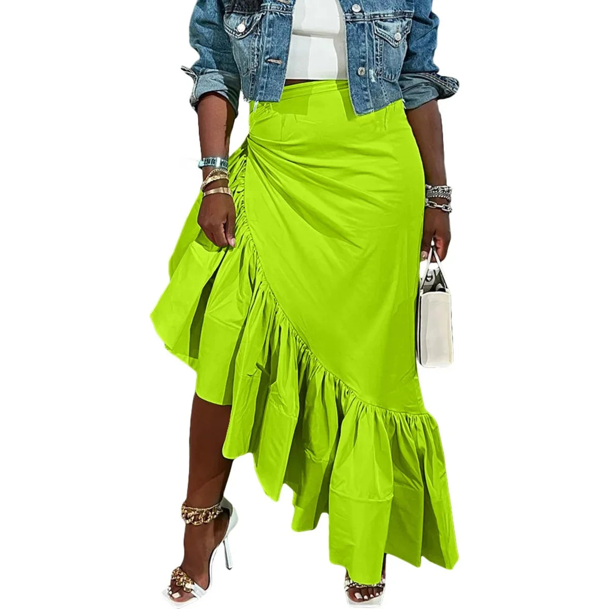 Sexy Pure Color Asymmetric Hem Skirt for Women Club Night Outlets Polyester Fiber Ruffles Half-length Skirts Fashionable