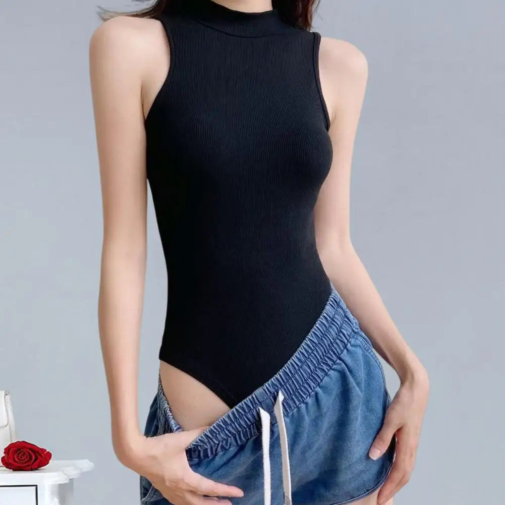 Women Bodysuit Stylish Women's Sleeveless Turtleneck Bodysuit Slim Fit Romper for Summer Solid Color One-piece Vest Shirt
