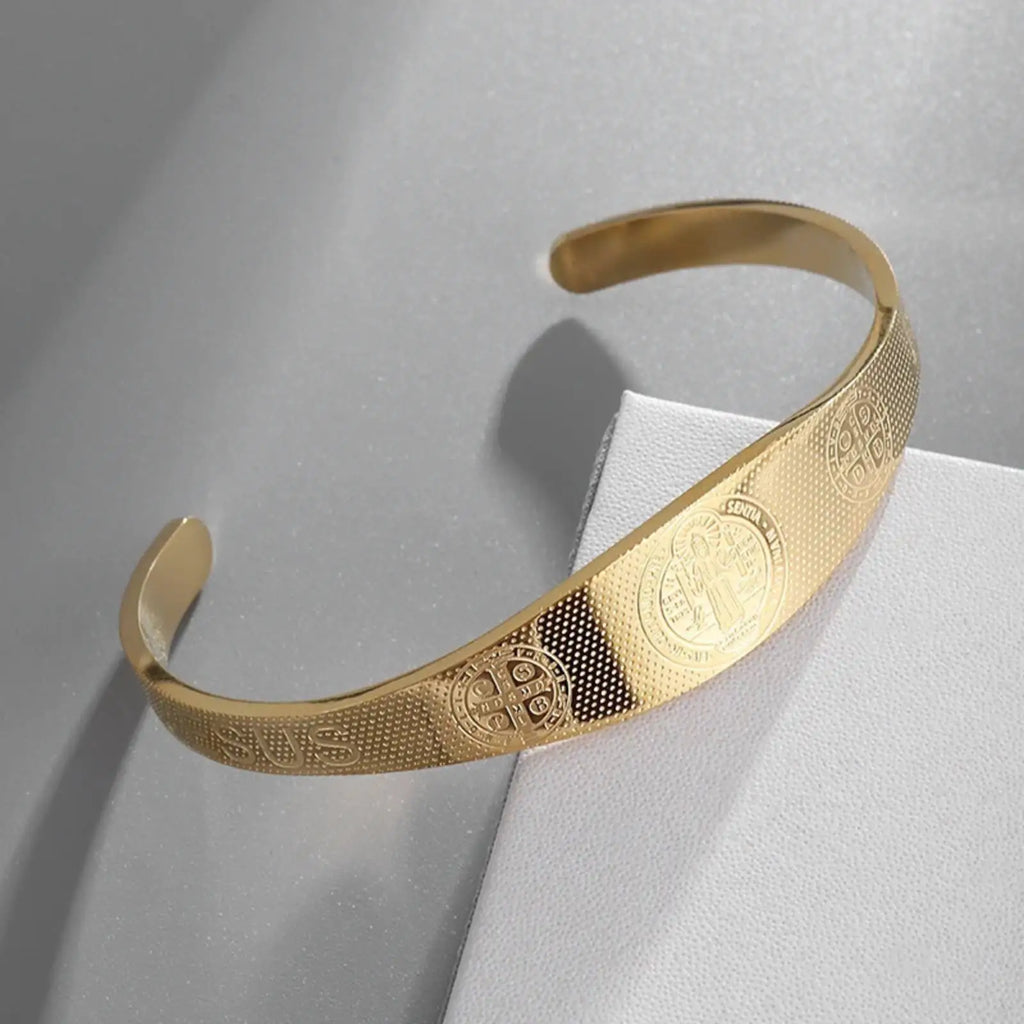 Saint Benedict Bracelet Open Bangle for Women Men Protection Blessing Stainless Steel Jewelry Gifts