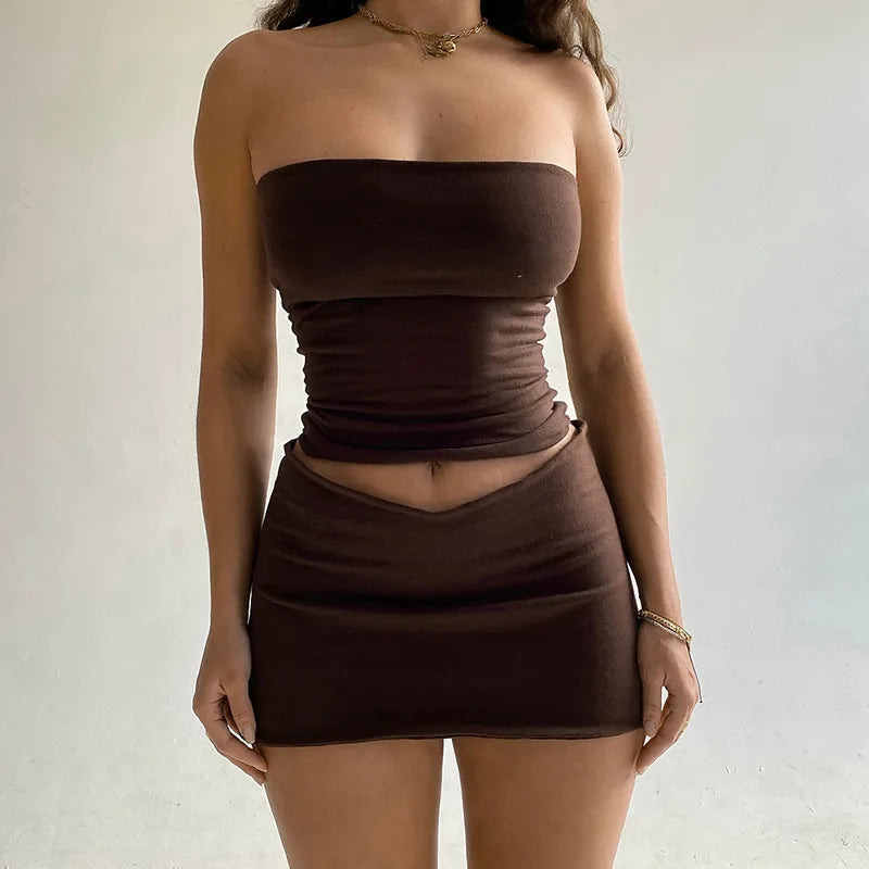 Y2K New Sexy Women Skirt Fashion Solid Color Tanks Package Hip Short Skirts Female Spring Summer Slim Mini Skirts Tube Tops Sets