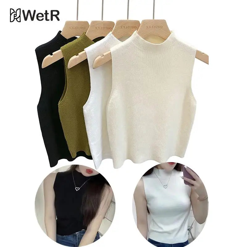 Fashion Half Turtleneck Knitted Tank Top Summer Women Casual Solid Color Sleeveless Vest spring and autumn