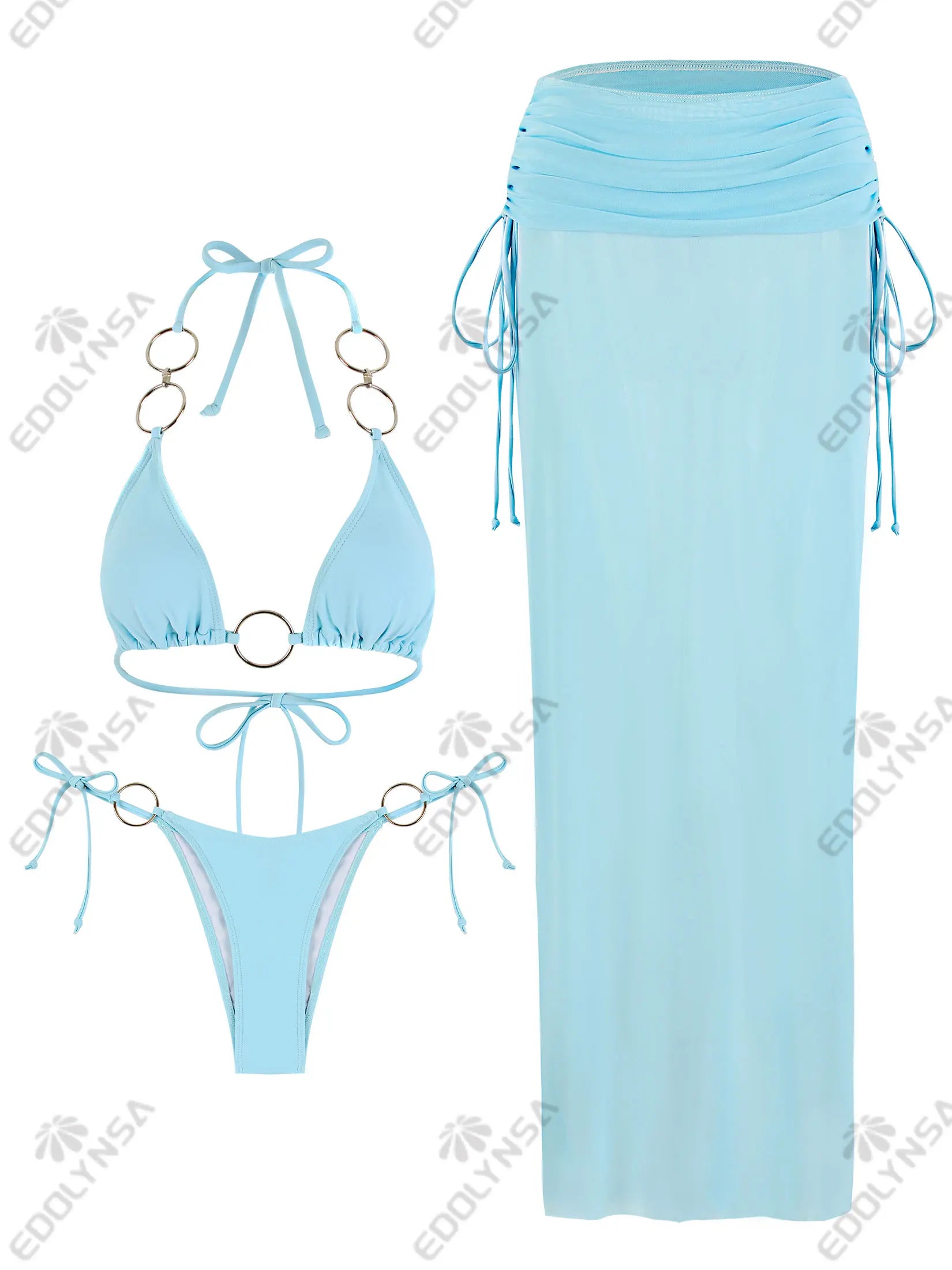 3 Piece Bikini Sets Nightclub Partywear Brazilian Swimsuit O-Ring Bathing Suit with Skirt Thong Biquini Swimwear Women K168