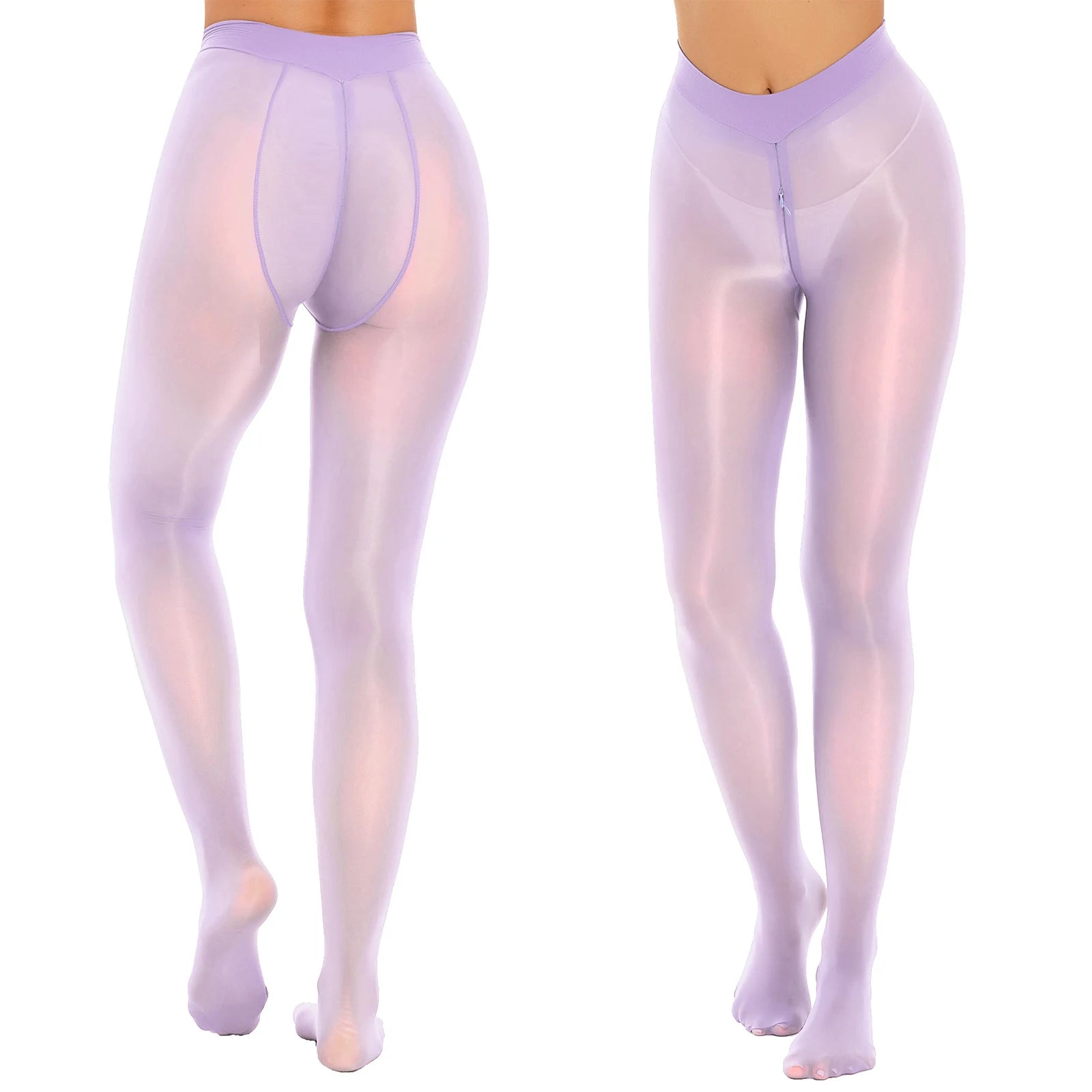 Women's Sexy Glossy Zipper Crotch Pantyhose Tights See-Through Sheer Solid Color Elastic Waistband Leggings with Socks Stretchy