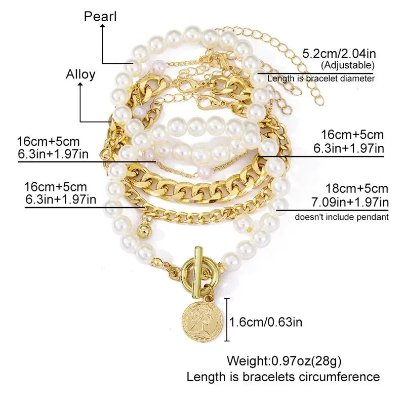 Boho Fashion Bracelets For Women Vintage Geometric Imitation-pearl Human Head Coin Pendant Gold-color Jewelry Gift For Fema