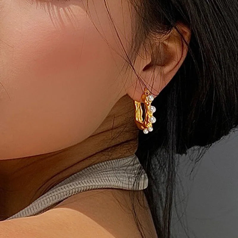 Foxanry French U-Shaped Pearl Ear Buckle For Women Vintage Fashion Elegant Hoop Earrings Prevent Allergy New Jewelry Gift Party