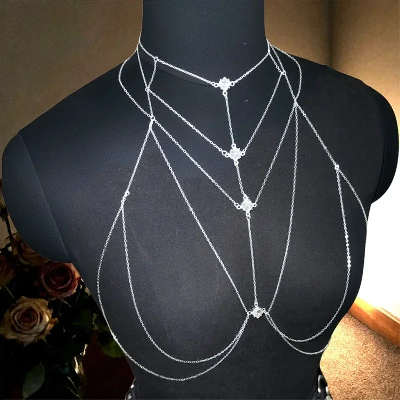 Ladies' Luxurious Body Chain, Diamond-Shaped with Square Rhinestones, Accentuating the Collarbone, Versatile and Fashionable Style
