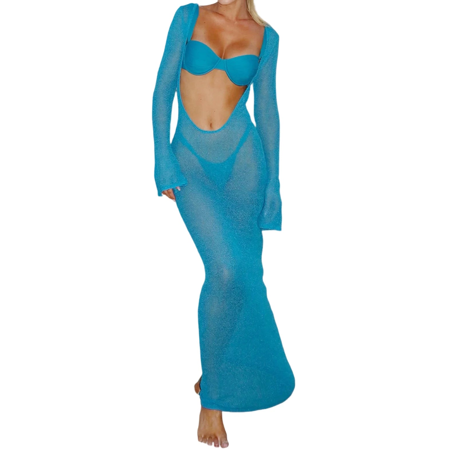 Women Vintage Summer Beach Cover Up Solid See-Through Long Sleeve Swimsuit Coverup Bathing Suit Cover Ups Bodycon Long Dresses