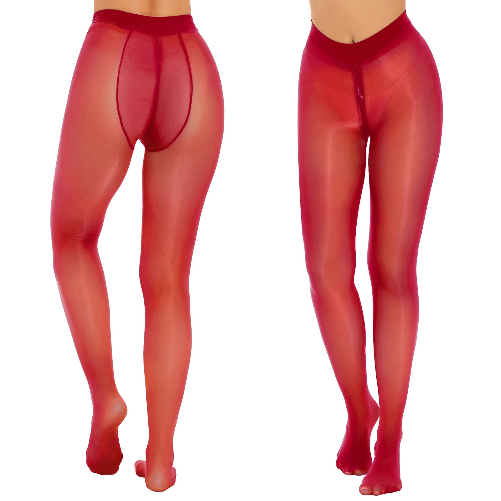 Women's Sexy Glossy Zipper Crotch Pantyhose Tights See-Through Sheer Solid Color Elastic Waistband Leggings with Socks Stretchy