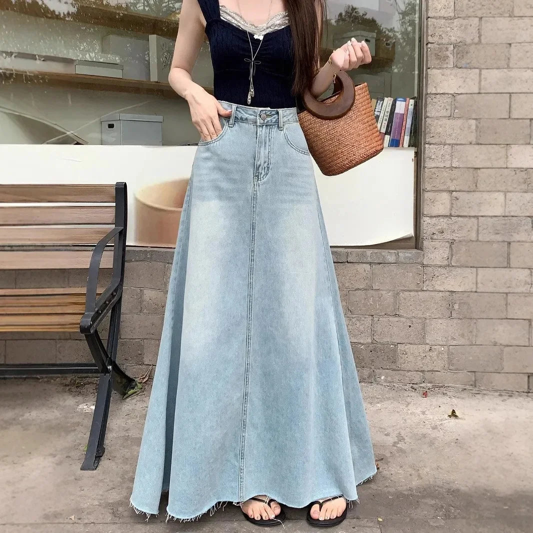 American Retro Torn Denim Mini Skirt Women's Spring New Large Size Long A- Line Loose Slimming Bodycon Skirt