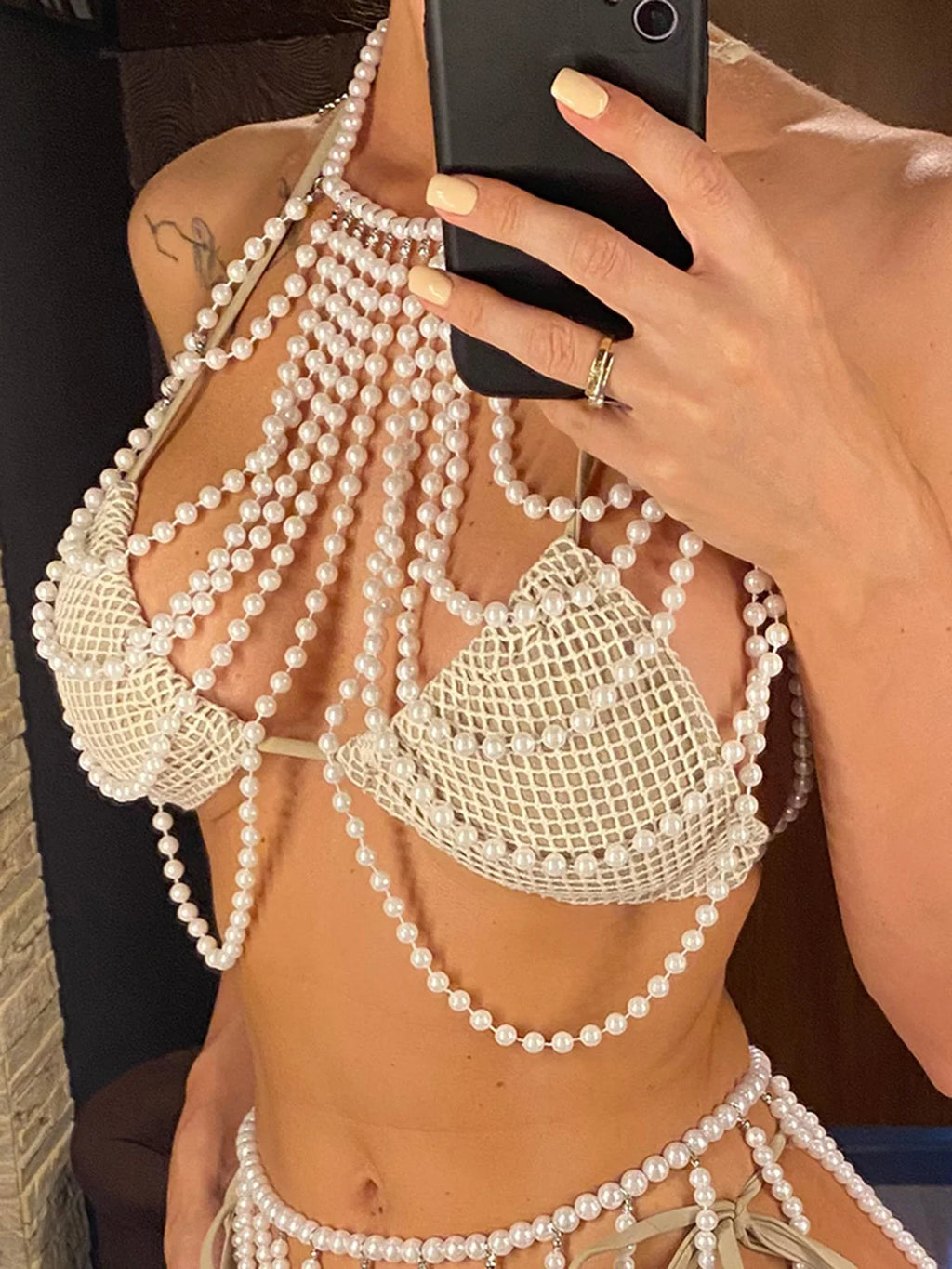 Luxury Pearls Halter See Through Bikini Top Female Swimsuit Women Swimwear Bather Bathing Suit Swim Hollow Out Beach Top V5407