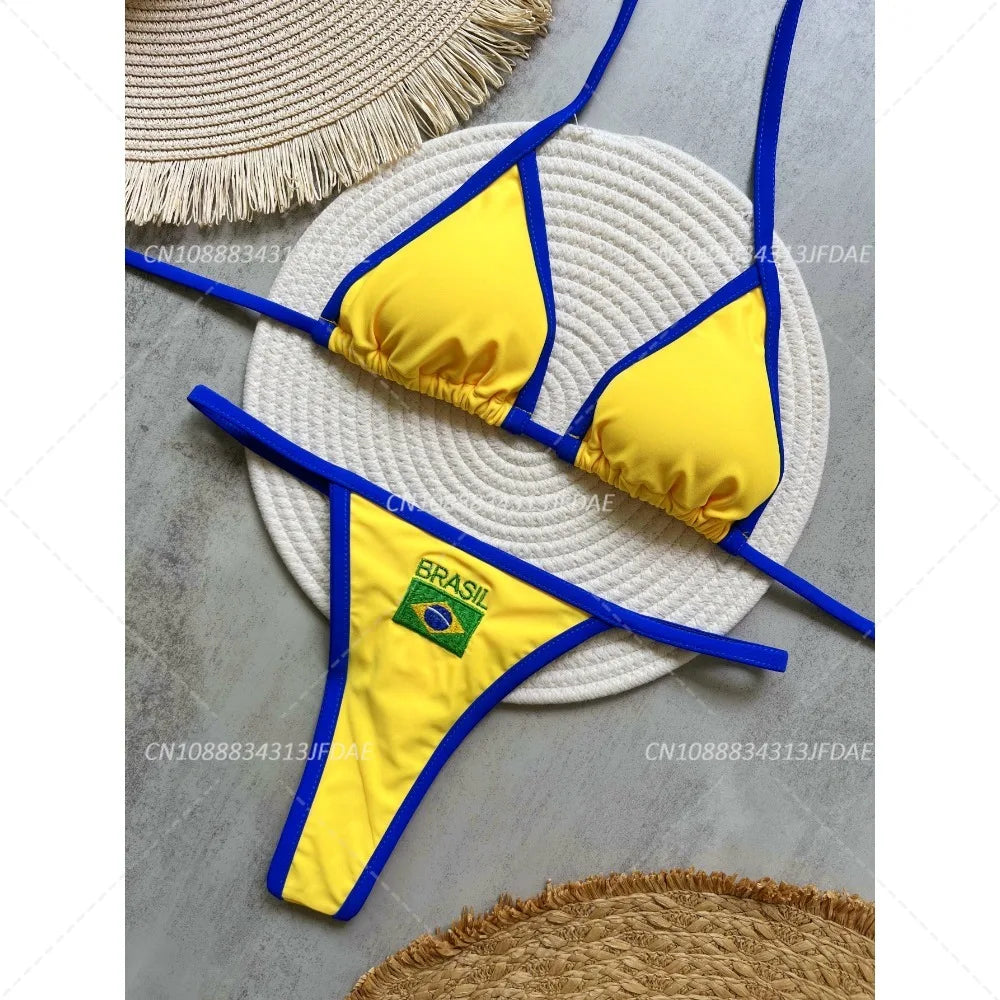 Sexy Embroidery Brazil Flag Contrast Split Bikini Set Women Swimwear Patchwork Swimsuit Hottie Outfit Summer Beachwear