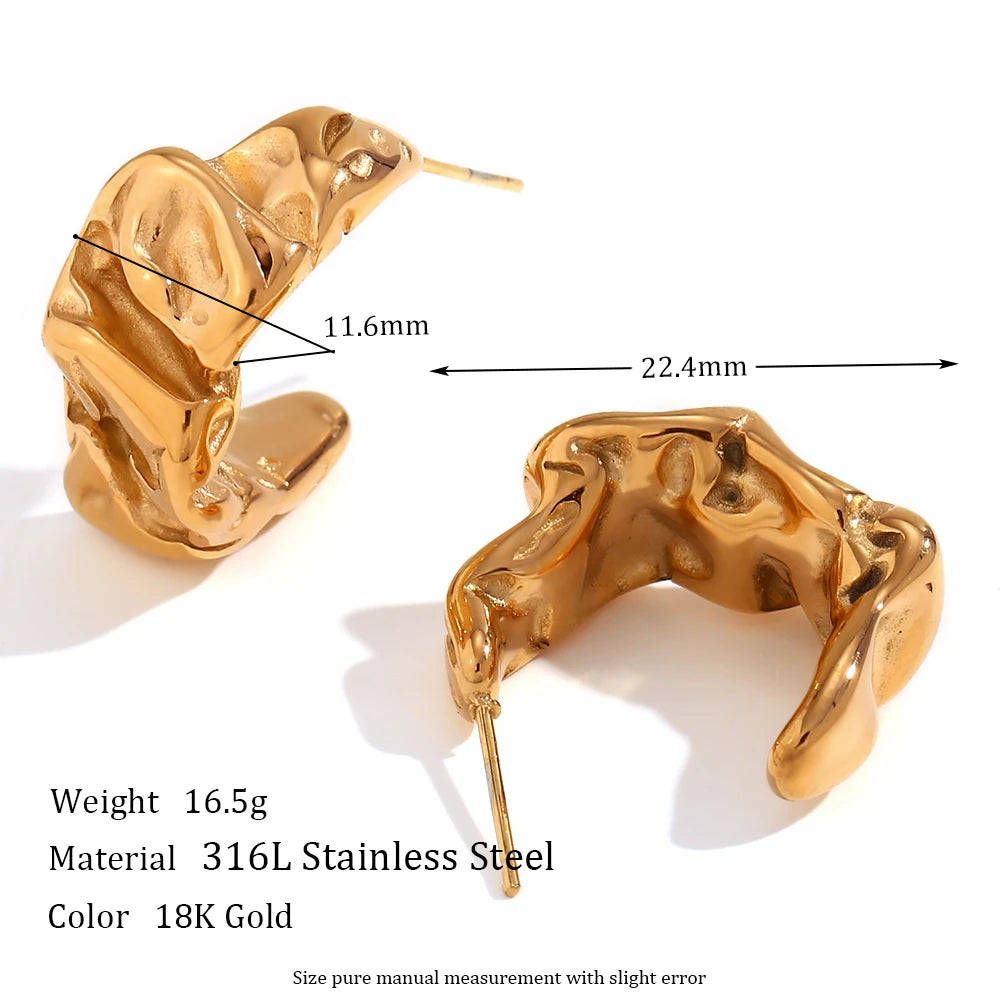 E.B.belle Casting Mould Irregular Wrinkle C Shaped Gold Plated Hoop Earrings For Women Stainless Steel Earrings