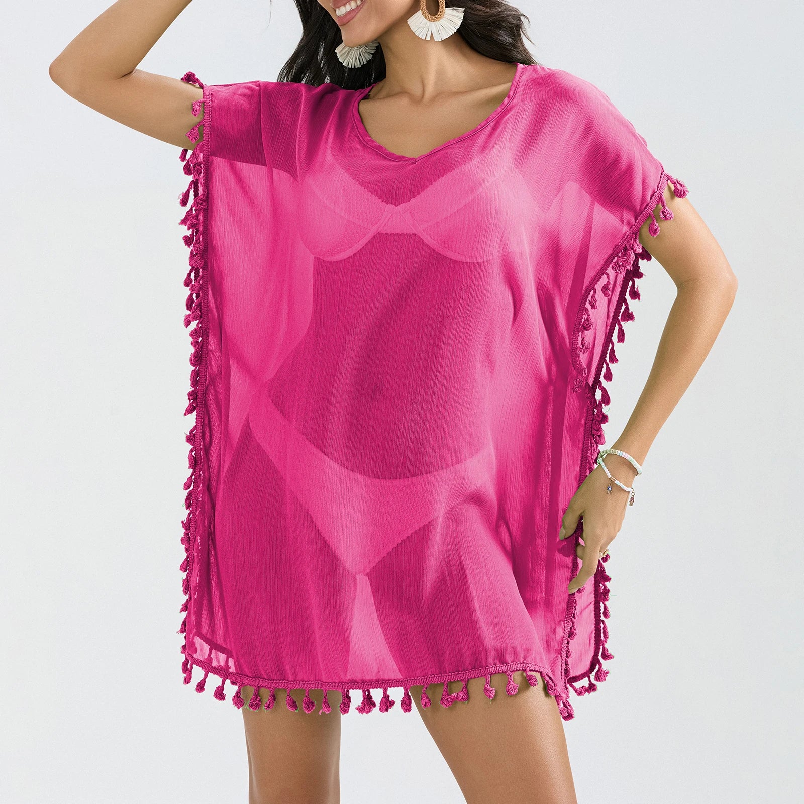 Tassel Trim Bikini Cover Up Beach Dress Women See-Through Beachwear Swimsuit Summer Mini Dress Cover-ups Sunscreen Dress