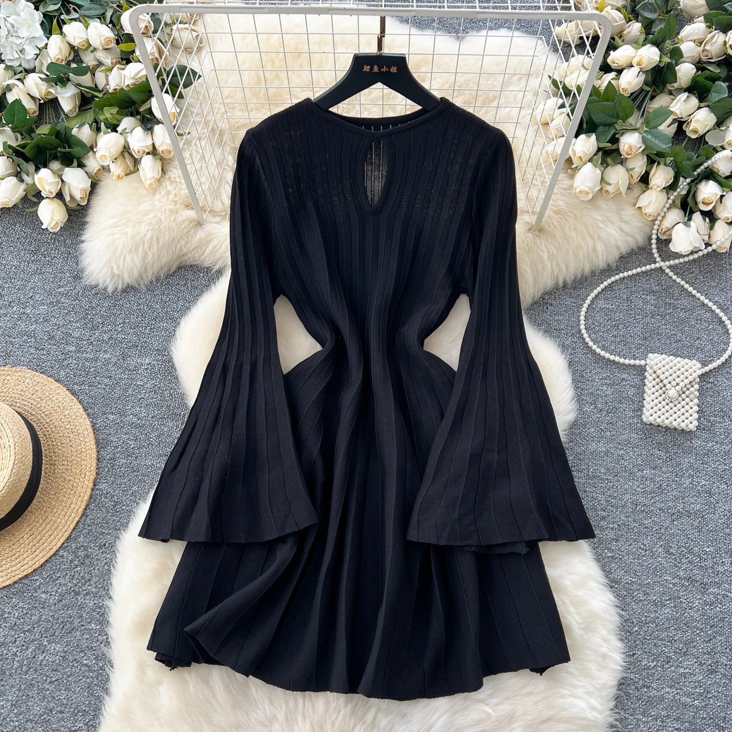 Ele Knitted Dr Hollow out round Ne Bell Sve A-Line Sweater Dr High Waist Slimming Midi Dr Autumn Faion