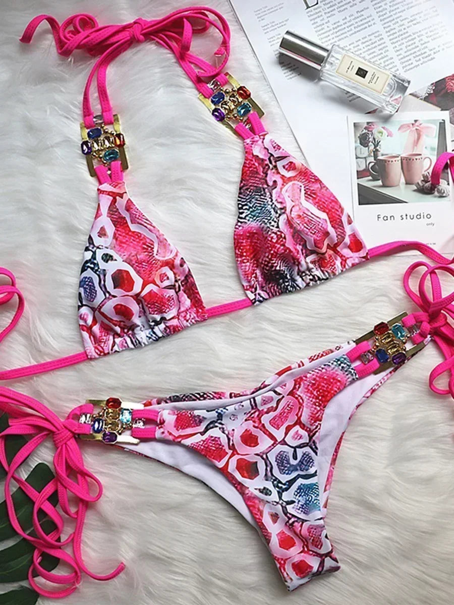 Halter Rhinestone Diamond Bikini Women Swimsuit Female Bikinis Metal Chain Swimwear Two Pieces Bikini Set Bathing Suit Swim Lady