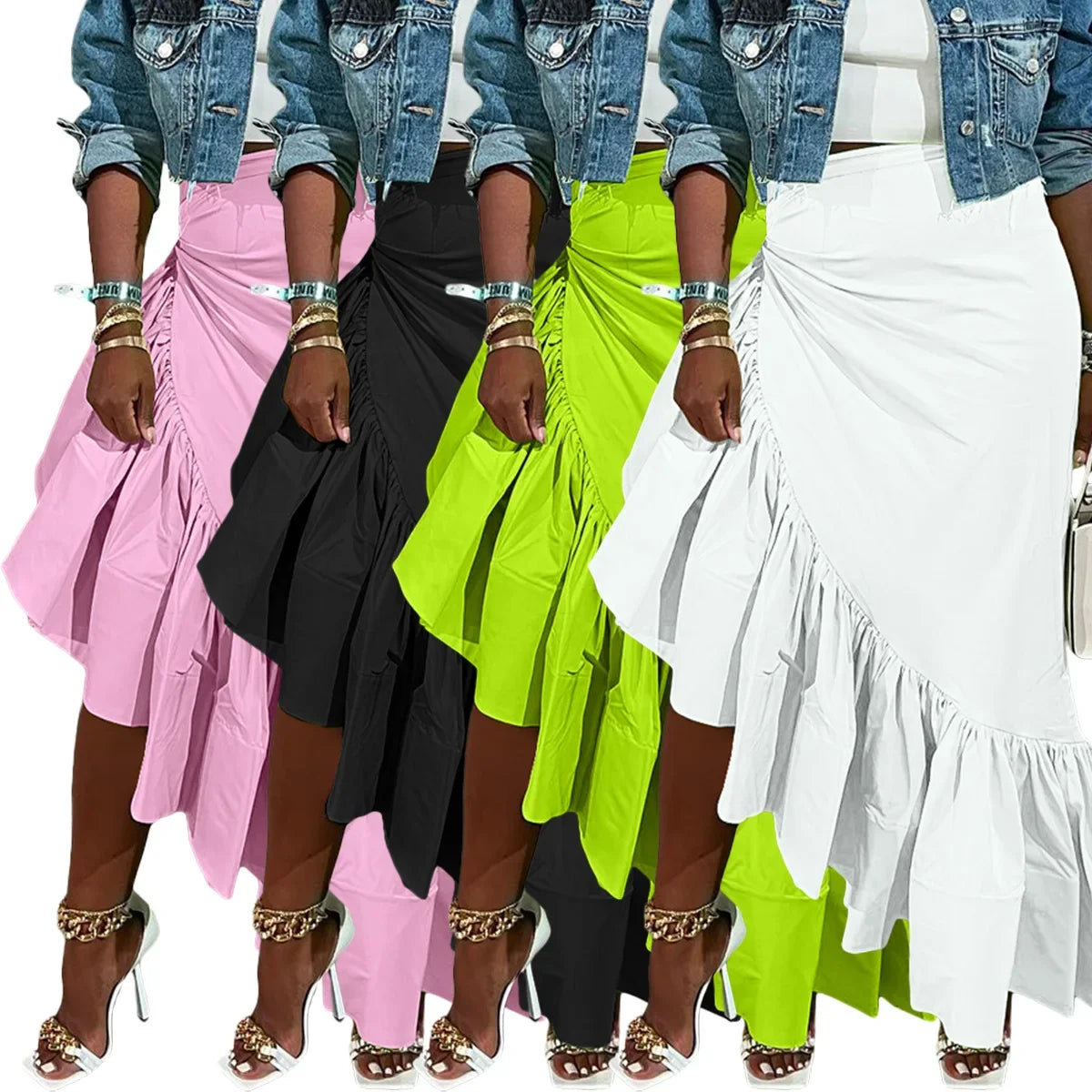 Sexy Solid Color Asymmetric Hem Skirt for Women Club Night Outings Polyester Fiber Ruffled Half-length Skirt Fashionable