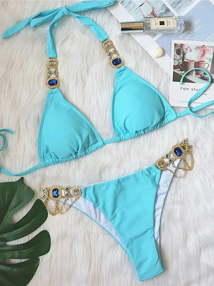 Halter Rhinestone Diamond Bikini Women Swimsuit Female Bikinis Metal Chain Swimwear Two Pieces Bikini Set Bathing Suit Swim Lady